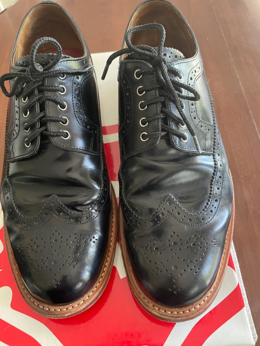 Grenson Sid Black Leather Cap Toe Derbys with Tan Welt UK Size 8G US Size 9